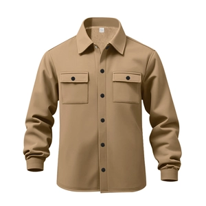 Detail of khaki fleece-lined jacket featuring chest pockets and size L label