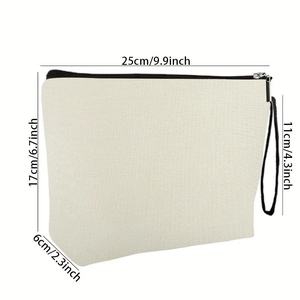 Off-white canvas makeup bag with black zipper and dimensions 25x17x6cm shown in detail