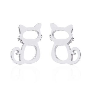Detailed view of silver hollow cat earrings with a polished finish on white background