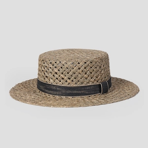 Women Hollow Woven Natural Straw Boater Hat French Style Flat Top Wide Brim Summer Beach Vacation Sun Hat Ribbon Decor