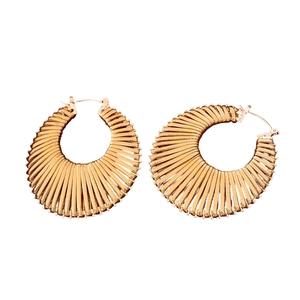 Vintage golden C-shaped hoop earrings with textured radial stripes and retro metallic design