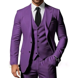 Detailed view of the tailored purple three-piece slim fit suit with textured fabric