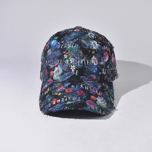 Front view of floral pattern baseball cap with beautiful embroidery and distressed texture