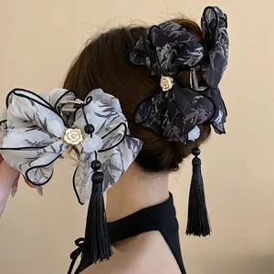 Pince À Cheveux Nœud Avec Gland Peinture À L'encre Imprimé Bambou Tissu Alliage Camélia Style Chinois Accessoires Cheveux Femme