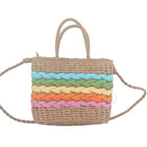 Straw woven tote bag with colorful rainbow stripes and top handles for beach vacation