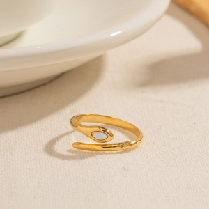 Snake Ring 18K Gold Plated Stainless Steel With White Marquise Stone Open Adjustable Hammered Texture Retro For Women