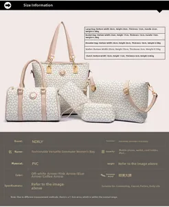 Detailed size specifications for the 5-piece PVC tote, shoulder, and clutch bag set