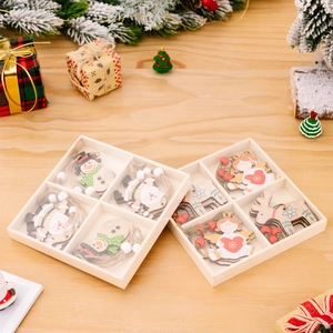 Set of 8 wooden Christmas ornaments featuring Santa, snowman, and angel in wooden boxes