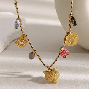 Multi Pendant Necklace Stainless Steel 18K Gold Plated Woven Colorful Rope Leopard Head Heart Artificial Pearl Bohemian Vintage