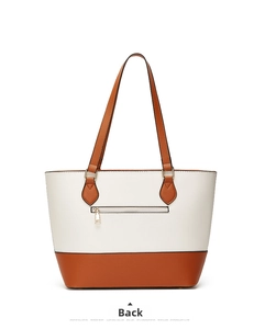 Rear view of tote bag showing two-tone synthetic leather and practical back zipper pocket