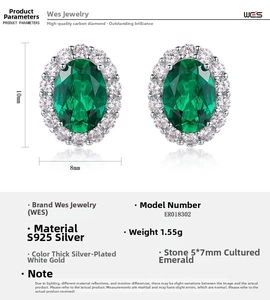 Detailed specs of oval emerald stud earrings in S925 silver with 10x8mm dimensions