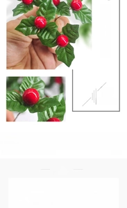 Detailed view of red berry branch with fabric leaves, foam berries and wire stem 5x6.5cm