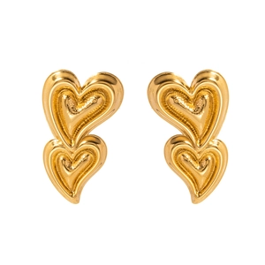 Polished 18K gold stainless steel double heart drop earrings with liquid hammer texture