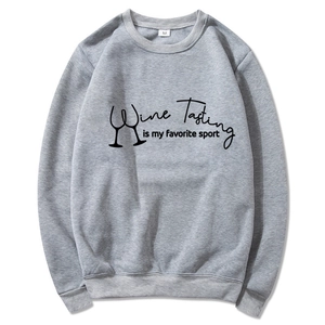 Grauer Hoodie mit „Wine Tasting Is My Favorite Sport“ Slogan und Weinglas-Grafik