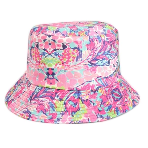 Colorful floral print bucket hat with reversible design and bright vibrant patterns
