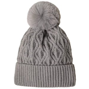 Winter grey cable knit beanie with faux fur pompom for men and women for warmth