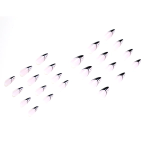 French press on nails set with black tips, white dots, and almond shape on pink base