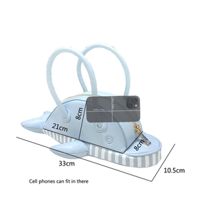 Creative whale-shaped light blue handbag with size dimensions and phone capacity guide