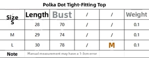 Guide des tailles pour haut bustier à pois avec mesures S, M et L en centimètres
