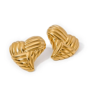 Textured 18k gold stainless steel heart-shaped earrings with vintage striped metal finish