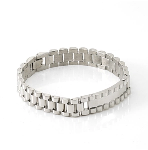 Macro view of silver stainless steel watch strap style bracelet links with brushed finish