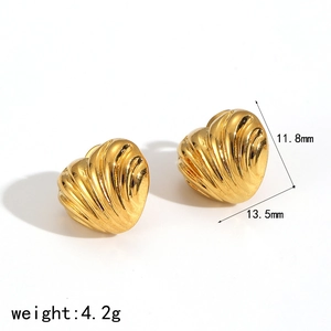 Detail view of gold textured heart earrings showing 11.8mm height and 13.5mm width dimensions