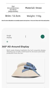 Detailed size chart for foldable straw sun hat with 12.5cm brim and adjustable strap