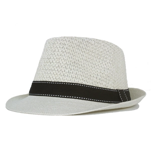Detail of breathable hollow-out straw weave on a classic white fedora hat with black ribbon