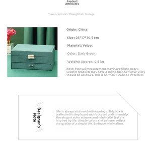 Detail view of double-layer dark green velvet jewelry box with dimensions 23x17x10.5cm