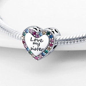 Charm a cuore in argento con cristalli colorati e incisione 'Love my sister' per bracciali