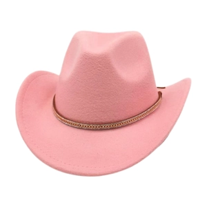 Detail of pink felt western cowboy hat with studded rhinestone leather band decoration