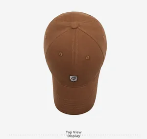 Top view of brown cotton baseball cap showing detailed stitching and embroidery