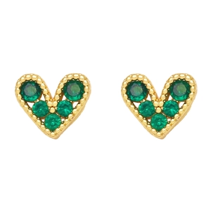 Close-up of heart-shaped gold stud earrings featuring round-cut green zircon stones