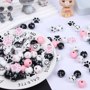Natural Wood Beads Pet Theme Dog Bone Cat Paw Prints Round Spacer Beads DIY Jewelry Making Craft Accessories Colorful