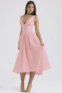 Detail of V-neck pink summer maxi dress with waist cinching and structured bodice