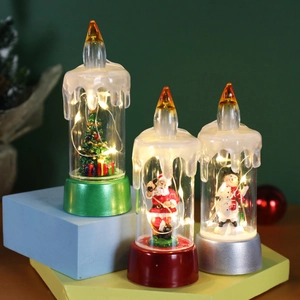 Festive Christmas LED candle lanterns with Santa, Snowman and Tree miniatures inside