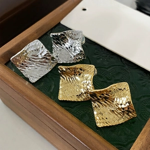 Geometric Square Stud Earrings With 925 Sterling Silver Earring Post Metal Texture Weave Pattern Minimalist Trendy Women