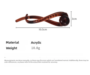 Detail view of coffee-colored acrylic hair claw clip with sphere deco and dimensions