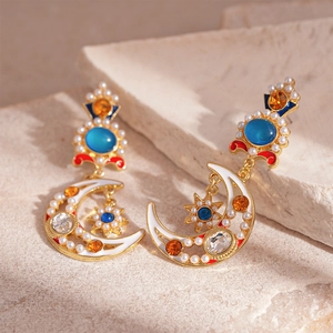 Vintage moon and star earrings with faux pearls and crystals on beige stone base