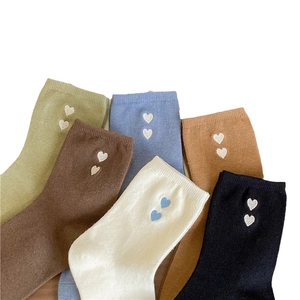 Women's cotton crew socks with double heart embroidery in multiple colors and ribbed knit