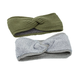 Winter thermal knit headbands with fleece lining in olive green and light grey set