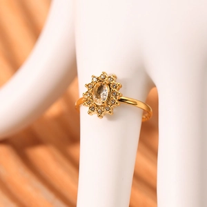 Bague tournesol en acier inoxydable doré 18 carats avec zircon ovale et cristaux