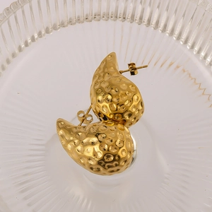 Polished 18K gold plated stainless steel teardrop earrings with unique hammered texture