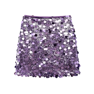 Sparkly purple sequin A-line mini skirt for women shown on a clean white background
