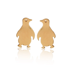 Macro shot of gold penguin stud earrings with polished finish and hanging holes