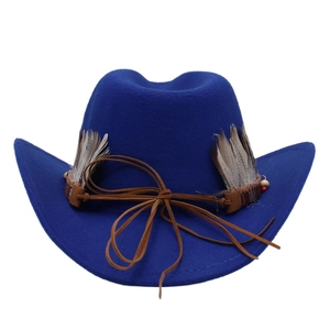 Detail of western cowboy hat with brown feathers, woven ribbon and wood beads decoration