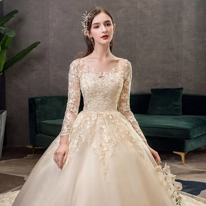 Elegante Abito Da Sposa A Maniche Lunghe In Pizzo Con Piccola Coda Abito Da Ballo Per Donna Champagne Bianco Ricamo
