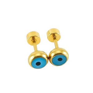 Macro shot of gold Evil Eye stud earrings featuring blue and black center details