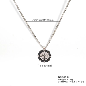 Detail of octagonal anchor pendant with 500mm box chain and product specifications