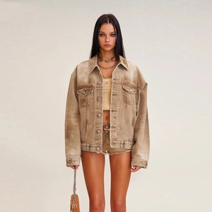 Oversized washed sand brown denim jacket with rhinestone design and retro Y2K silhouette